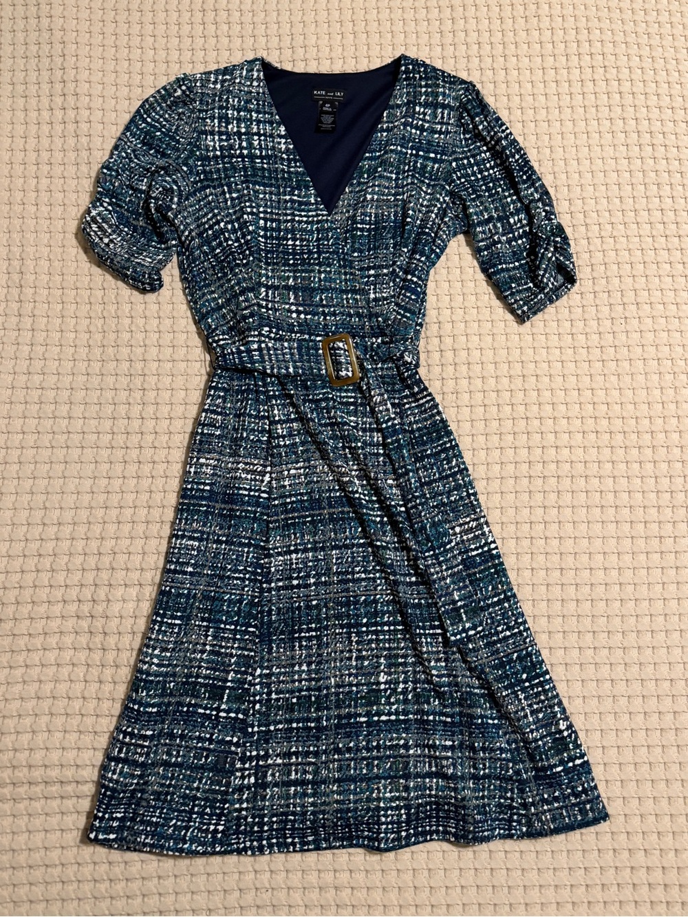 Kasper Teal Patterned Belted V-Neck Dress